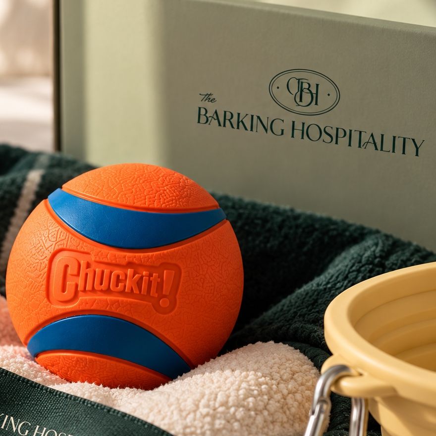 Balle Chuckit! orange et bleue posée sur un plaid, devant le coffret The Barking Hospitality