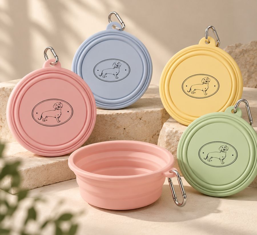 Gamelles pliables en silicone rose, bleue, jaune et verte, gravées d'un teckel, avec leur mousqueton