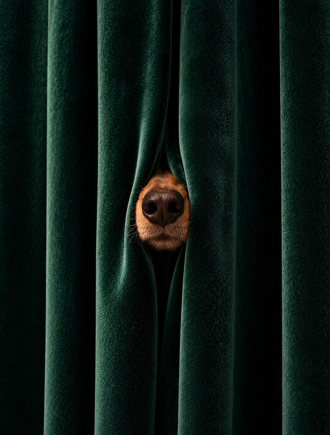 Museau d'un chien qui se glisse entre deux rideaux de velours vert