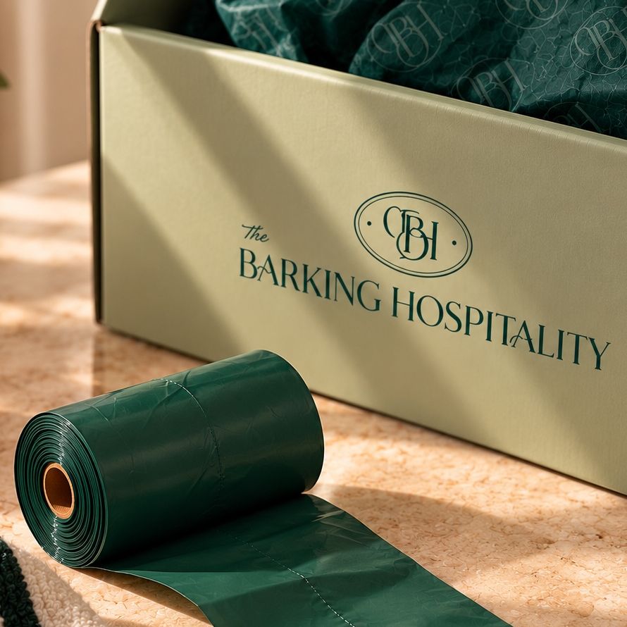 Rouleau de sacs de propreté vert sarcelle posé devant le coffret The Barking Hospitality
